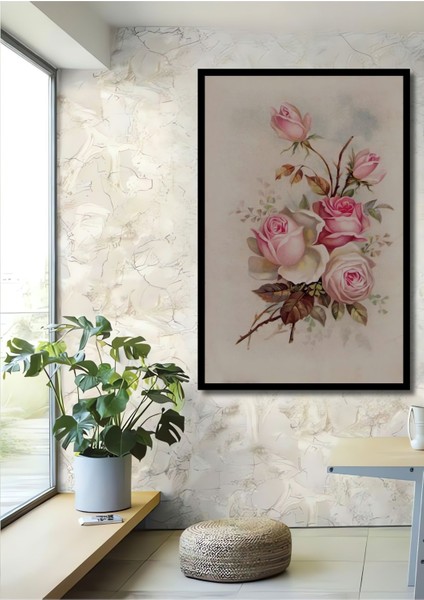 Dekoratif Dikey Çiçekler Modern Sanat Yağlı Boya Görünümlü Duvar Tablo Ahşap Dikdörtgen Tablo
