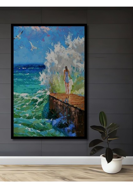 Dekoratif Denizde Bekleyiş Soyut Ahşap Tablo Çerçeve Görünümlü Dikey Duvar Dekorasyon Tablosu