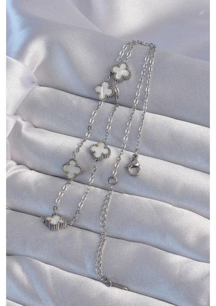 316L Çelik Gümüş Renk Minimal Beyaz Sedefli Yonca Kolye fiyatları