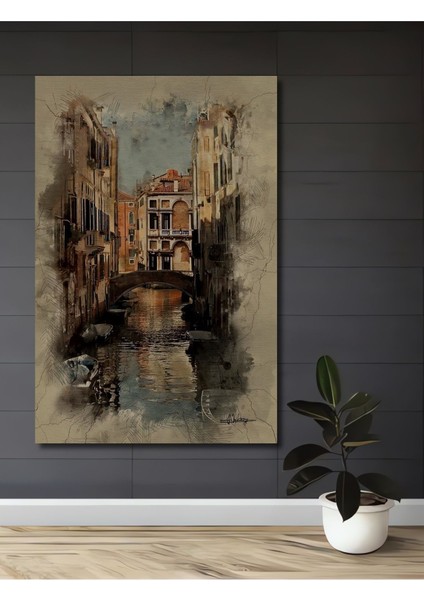 Eskitme Bohem Tarzı Venedik Manzara Hd Ahşap Tablo Çerçeve Görünümlü Dikey Duvar Dekorasyon Tablosu
