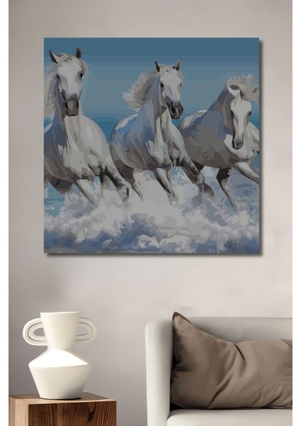 Dekoratif Dikey Bulutların Üstünde Koşan Beyaz Atlar Sanat Duvar Tablo Ahşap Dikdörtgen Tablo