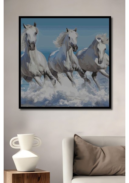 Dekoratif Dikey Bulutların Üstünde Koşan Beyaz Atlar Sanat Duvar Tablo Ahşap Dikdörtgen Tablo fiyatları