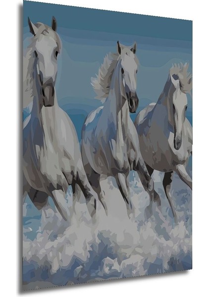 Dekoratif Dikey Bulutların Üstünde Koşan Beyaz Atlar Sanat Duvar Tablo Ahşap Dikdörtgen Tablo modelleri