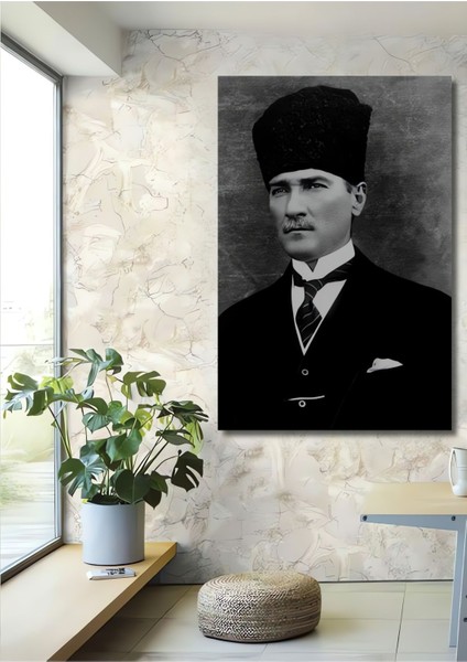 Dekoratif Dikey Siyah Beyaz Atatürk Duvar Tablo Ahşap Dikdörtgen Tablo