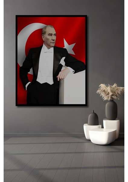 Dekoratif Atatürk ve Türk Bayrağı Temalı Ahşap Tablo Çerçeve Görünümlü Dikey Duvar Dekorasyon Tablo