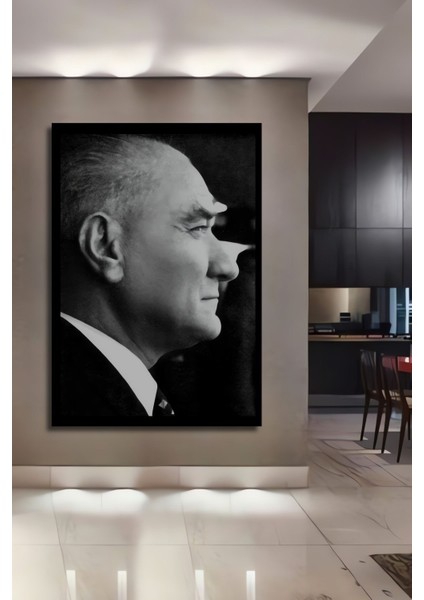 Dekoratif Dikey Yan Profilden Atatürk Duvar Tablo Ahşap Dikdörtgen Tablo