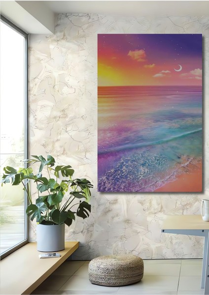 Dekoratif Dikey Gün Doğumu ve Ay Manzara Duvar Tablo Ahşap Dikdörtgen Tablo