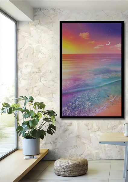 Dekoratif Dikey Gün Doğumu ve Ay Manzara Duvar Tablo Ahşap Dikdörtgen Tablo fiyatları