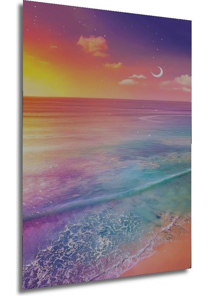 Dekoratif Dikey Gün Doğumu ve Ay Manzara Duvar Tablo Ahşap Dikdörtgen Tablo modelleri