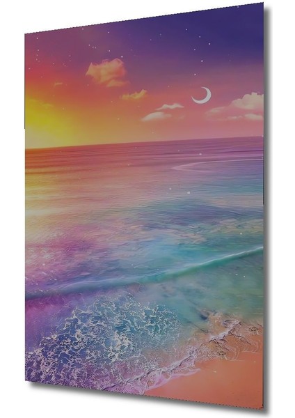 Dekoratif Dikey Gün Doğumu ve Ay Manzara Duvar Tablo Ahşap Dikdörtgen Tablo fırsatları