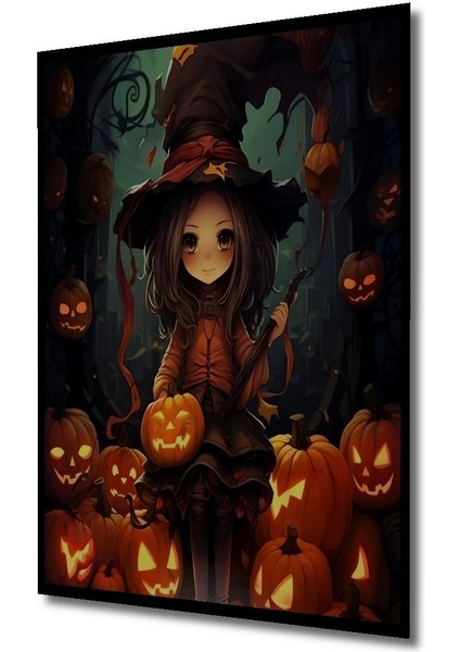 Hallowen Kucuk Cadı Ahşap Mdf Digital Uv Çocuk Odası Tablo Çerçeve Görünümlü Dikey Duvar Tablo