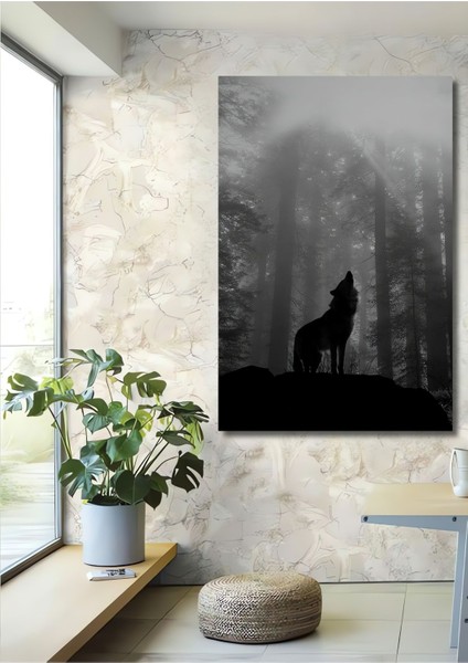 Dekoratif Dikey Ormanda Uluyan Kurt Duvar Tablo Ahşap Dikdörtgen Tablo