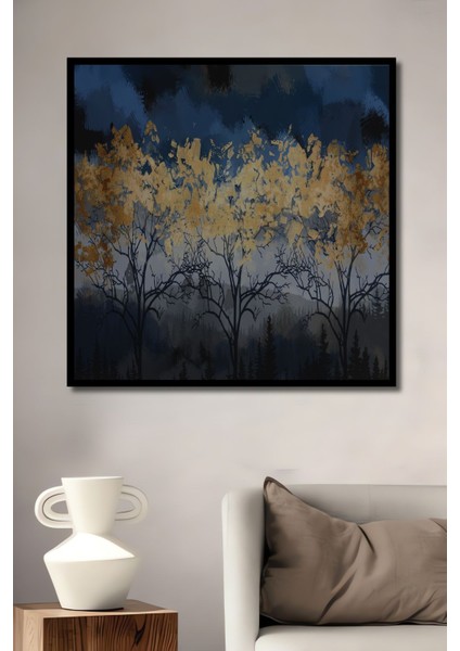 Ahşap Geceyarısı Orman Manzarazı Yağlıboya Görünüm Duvar Tablosu Çerçeve Görünümlü Dikey Duvar Tablo