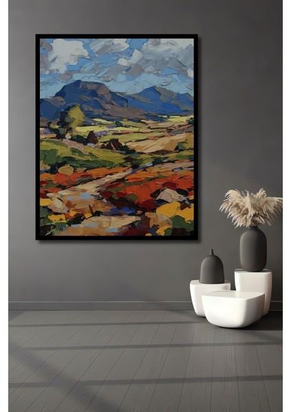 Ahşap Soyut Dağ Manzarası Yağlı Boya Görünümlü Tablo Çerçeve Görünümlü Dikey Duvar Dekorasyon Tablo