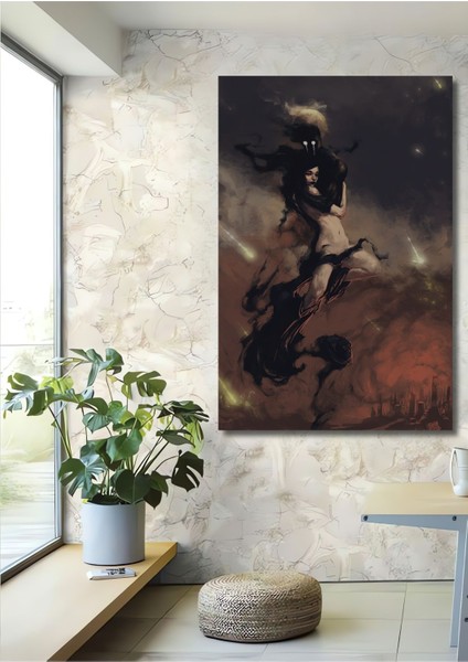 Dekoratif Dikey Sarılan Çift Sürreal Sanat Duvar Tablo Ahşap Dikdörtgen Tablo