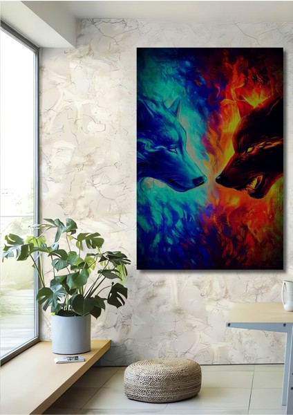 Dekoratif Dikey Alevler ve Kurtlar Duvar Tablo Ahşap Dikdörtgen Tablo