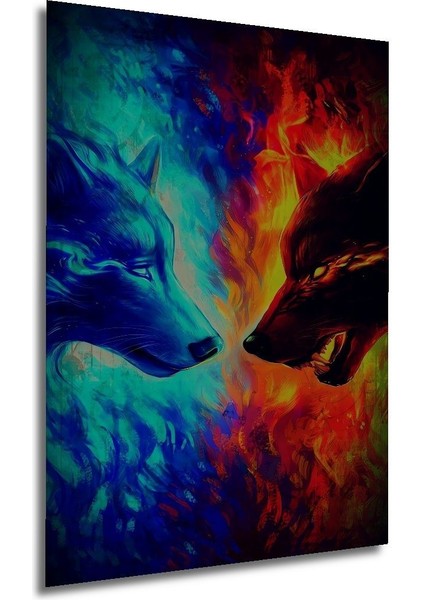 Dekoratif Dikey Alevler ve Kurtlar Duvar Tablo Ahşap Dikdörtgen Tablo modelleri