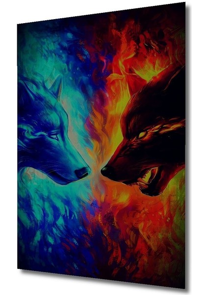 Dekoratif Dikey Alevler ve Kurtlar Duvar Tablo Ahşap Dikdörtgen Tablo fırsatları