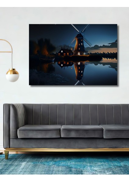 Dekoratif Su Değirmeni Manzaralı Ahşap Tablo Şık Yatay Duvar Dekorasyon Tablosu