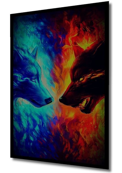 Dekoratif Dikey Alevler ve Kurtlar Duvar Tablo Ahşap Dikdörtgen Tablo indirimleri