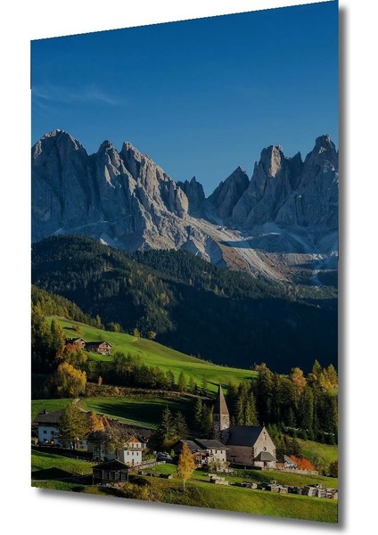 Dekoratif Dikey Dağların Arasındaki Kasaba Duvar Tablo Ahşap Dikdörtgen Tablo fırsatları