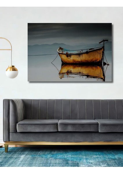 Dekoratif Doğa Manzarası Kayık - Tek Parça Ahşap Tablo Şık Yatay Duvar Dekorasyon Tablosu