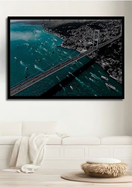 Dekoratif Yatay Kuş Bakışı Boğaz Manzara Duvar Tablo Ahşap Dikdörtgen Tablo