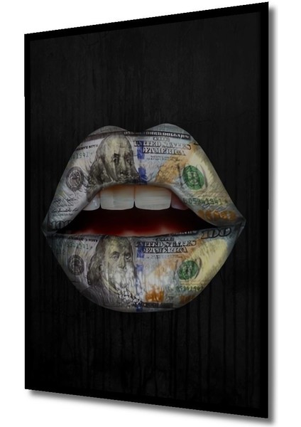 Dekoratif Dolar Baskılı Dudaklar Ahşap Tablo Çerçeve Görünümlü Dikey Duvar Dekorasyon Tablosu