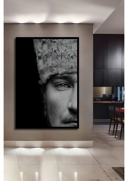 Mustafa Kemal Atatürk Yarım Portre Dikey Ahşap Tablo Çerçeve Görünümlü Dikey Duvar Dekorasyon Tablo