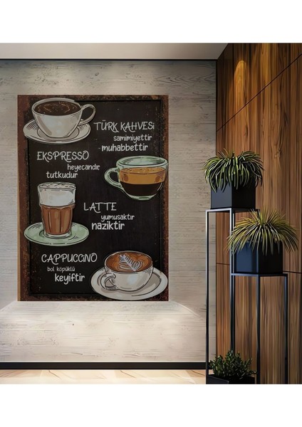 3 Boyutlu Ahşap Tablo - Kahve Çeşitleri Cafe Için 3D Görünümlü Çerçeve Görünümlü Dikey Duvar Tablo