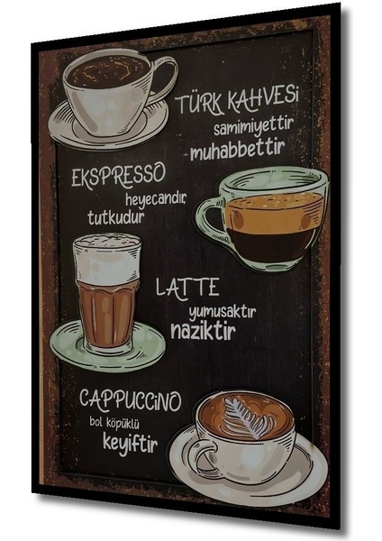 3 Boyutlu Ahşap Tablo - Kahve Çeşitleri Cafe Için 3D Görünümlü Çerçeve Görünümlü Dikey Duvar Tablo