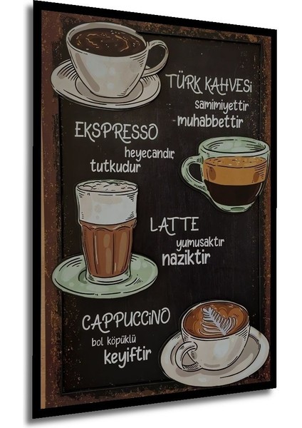 3 Boyutlu Ahşap Tablo - Kahve Çeşitleri Cafe Için 3D Görünümlü Çerçeve Görünümlü Dikey Duvar Tablo