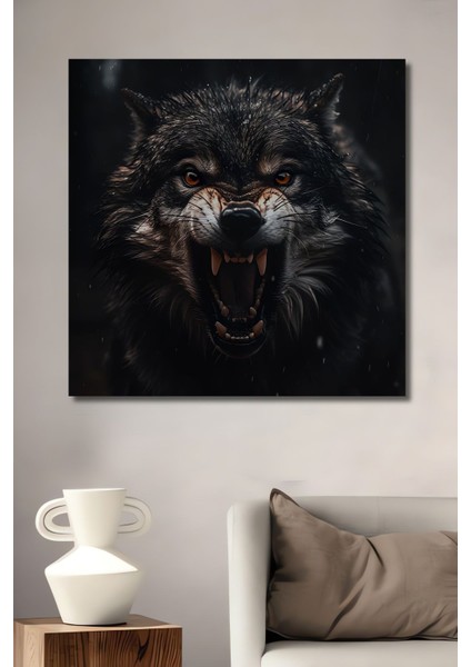 Dekoratif Dikey Kükreyen Kurt Duvar Tablo Ahşap Dikdörtgen Tablo