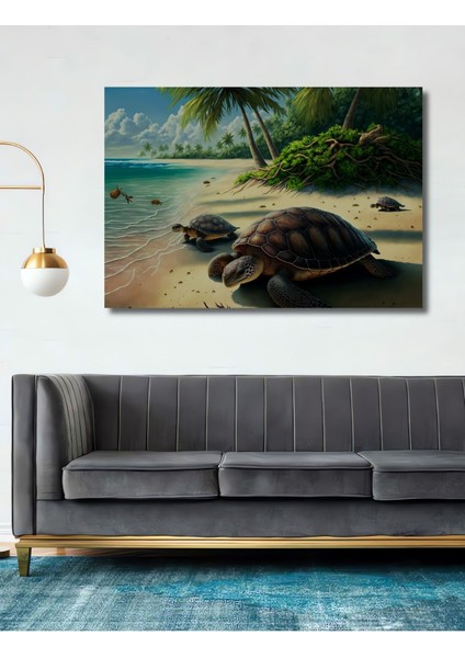 Dekoratif Tropık Ada ve Kaplumbağa Ahşap Tablo Şık Yatay Duvar Dekorasyon Tablosu