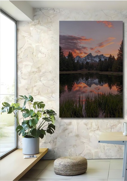 Dekoratif Dikey Ova ve Dağ Manzara Duvar Tablo Ahşap Dikdörtgen Tablo