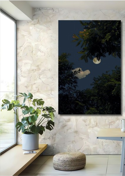 Dekoratif Dikey Ormandan Dolunay Manzara Duvar Tablo Ahşap Dikdörtgen Tablo