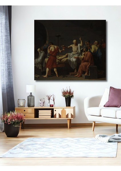 Dekoratif Ahşap Jacques Louis David - Sokrates’in Ölümü Tablosu Şık Yatay Duvar Dekorasyon Tablosu