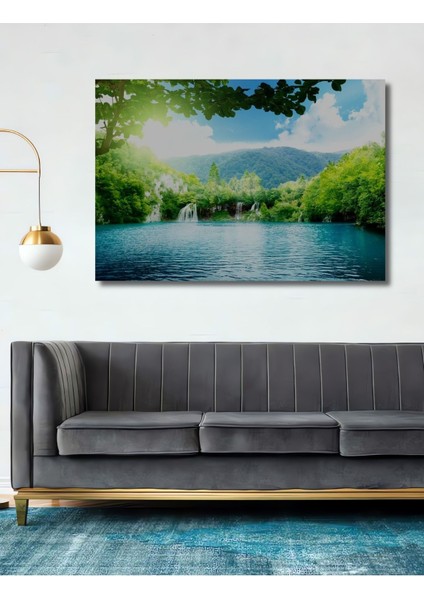 Dekoratif Göl ve Orman Manzara Ahşap Tablo Şık Yatay Duvar Dekorasyon Tablosu
