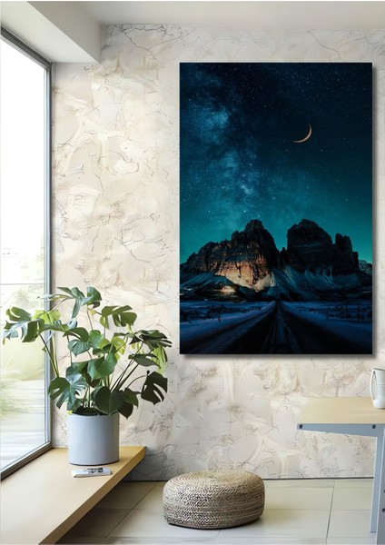 Dekoratif Dikey Karlı Dağ ve Hilal Manzara Duvar Tablo Ahşap Dikdörtgen Tablo