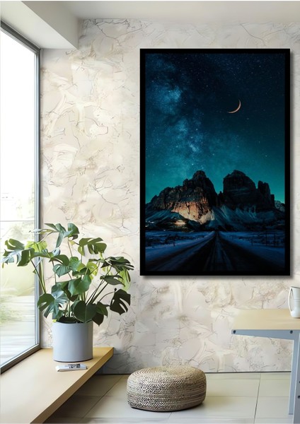 Dekoratif Dikey Karlı Dağ ve Hilal Manzara Duvar Tablo Ahşap Dikdörtgen Tablo fiyatları