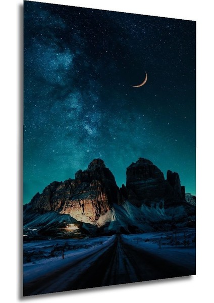 Dekoratif Dikey Karlı Dağ ve Hilal Manzara Duvar Tablo Ahşap Dikdörtgen Tablo modelleri