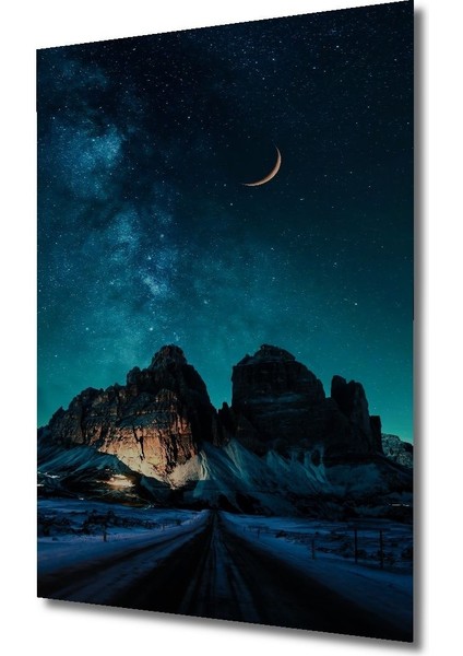 Dekoratif Dikey Karlı Dağ ve Hilal Manzara Duvar Tablo Ahşap Dikdörtgen Tablo fırsatları