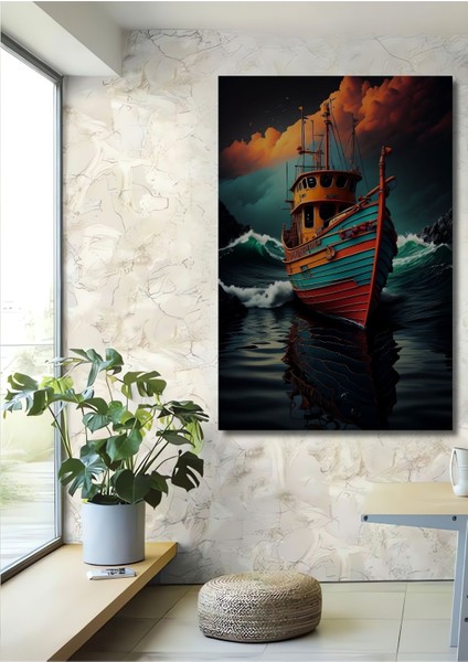 Dekoratif Dikey Okyanustaki Gemi Modern Sanat Duvar Tablo Ahşap Dikdörtgen Tablo