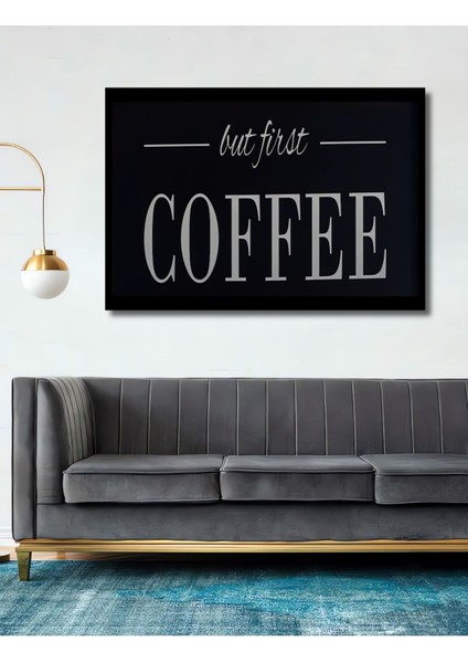 Tablo Kahve Köşesi Fincan Askılıklı Ahşap Raf ve Coffee Ahşap Çerçeve Yatay Duvar Dekorasyon Tablosu