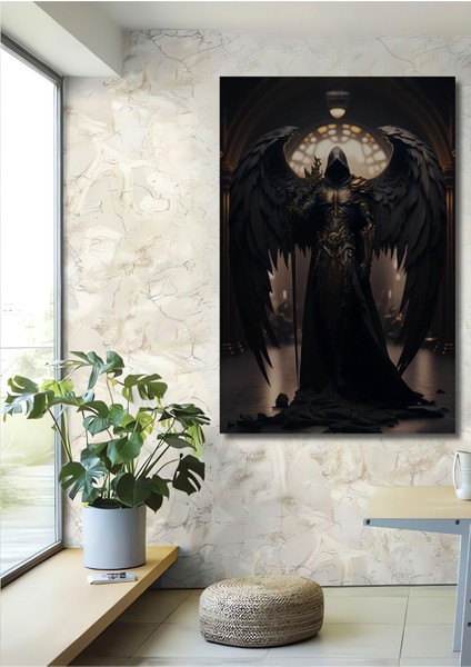 Dekoratif Dikey Savaşçı Melek Karanlık Taraf Duvar Tablo Ahşap Dikdörtgen Tablo