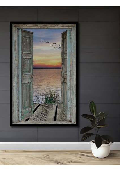 Ahşap Kapı ve Manzara Marcel Sanat Ahşap Tablo Çerçeve Görünümlü Dikey Duvar Dekorasyon Tablosu