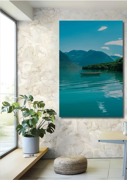 Dekoratif Dikey Dağların Arasındaki Sal Manzara Duvar Tablo Ahşap Dikdörtgen Tablo