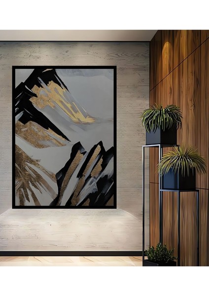 Gold Dağ Manzaralı Ahşap Tablo Duvar Dekoru Çerçeve Görünümlü Dikey Duvar Tablo
