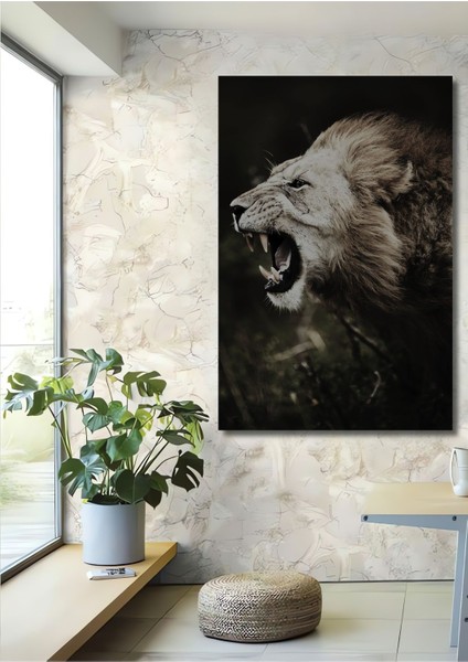 Dekoratif Dikey Savaşçı Aslan Duvar Tablo Ahşap Dikdörtgen Tablo