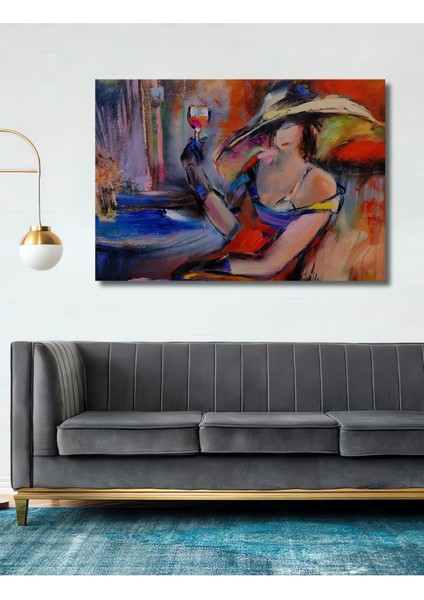 Dekoratif Soyut Tasarım Kadeh ile Bekleyiş Ahşap Tablo Şık Yatay Duvar Dekorasyon Tablosu